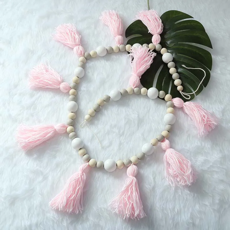 pink with gray bead 1,5 м INS, скандинавские деревянные бусины в виде макаруна, Висячие с кисточкой, декоративный навес для детской комнаты, кроватки, палатки, бампера, аксессуары, постельное белье - Цвет: pink with gray bead