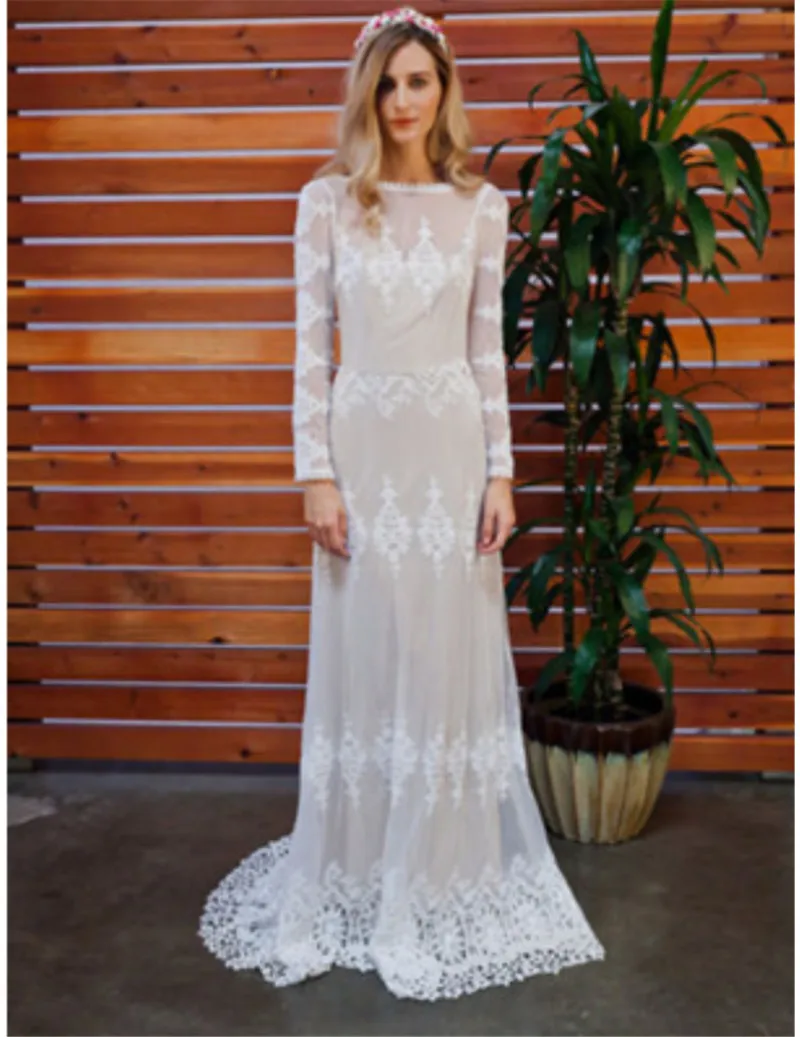 MZYHD64 Lace Bateau Bohemian A Line Wedding Dress Long Sleeve Backless Bridal Gown vestido de noiva Custom 6 8 10 12 14 16 18+ | Свадьбы и