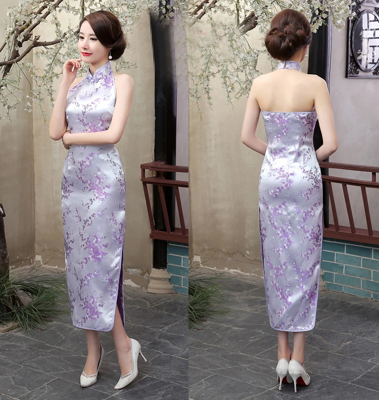 Темно-синяя винтажная Женская атласная вечернее платье Китайская Новинка без спинки Ципао с цветами Размер S M L XL XXL XXXL