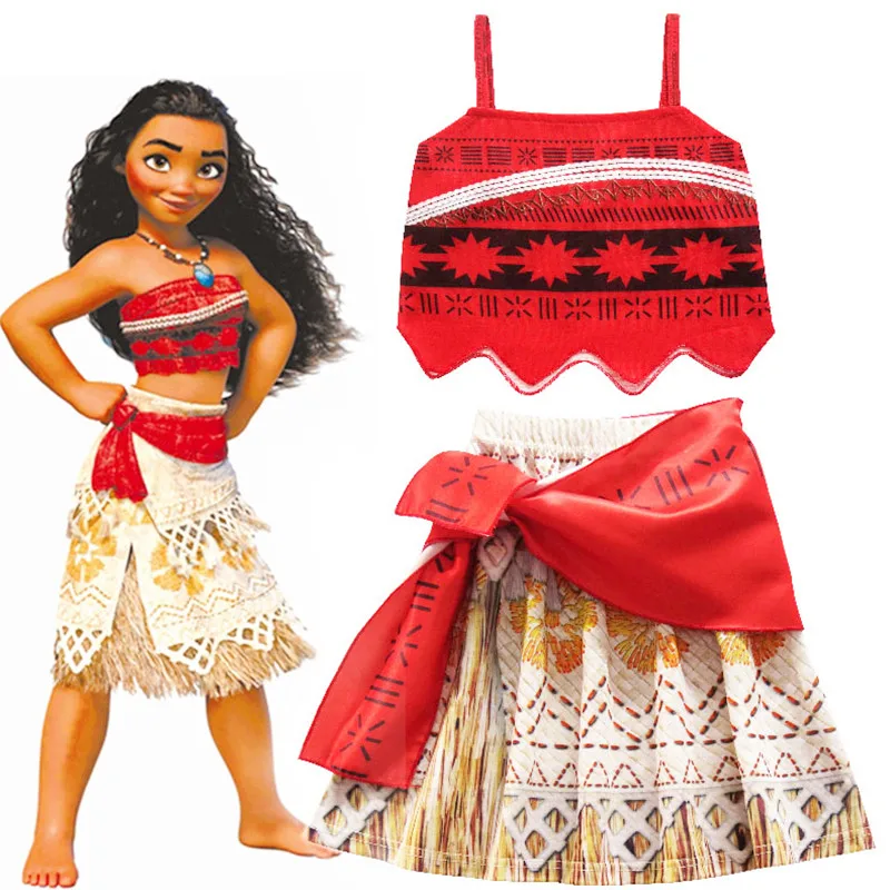 Kids Girl Princess Party Dress Moana Adventure Elsa Clothing Girls Set with wig and Necklace baby Vaiana Cosplay Clothes | Детская