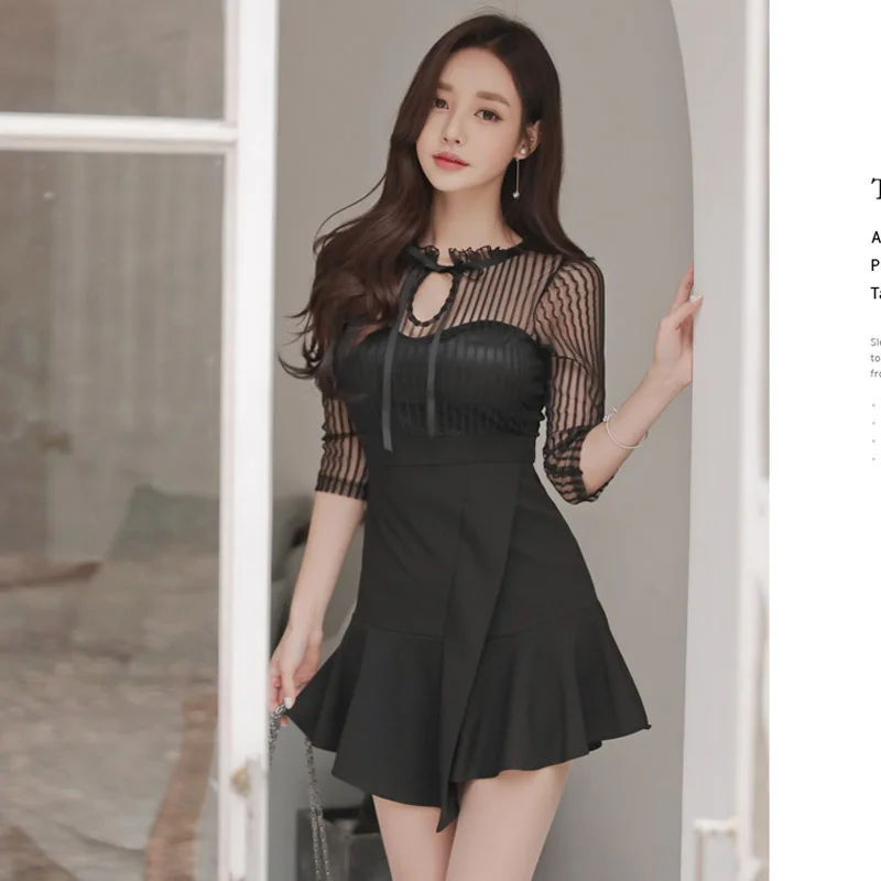 Striped Transparent Mesh Patchwork Summer Dress A-line Irregular Tie Up Women Sexy Black Party vestidos 2018 | Женская одежда