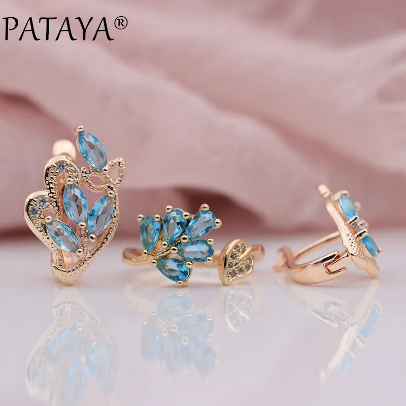 PATAYA, новинка 585, розовое золото, капля воды, конский глаз, голубой натуральный циркон, серьги, открытые кольца, наборы для женщин, для свадьбы, вечеринки, трендовые ювелирные изделия