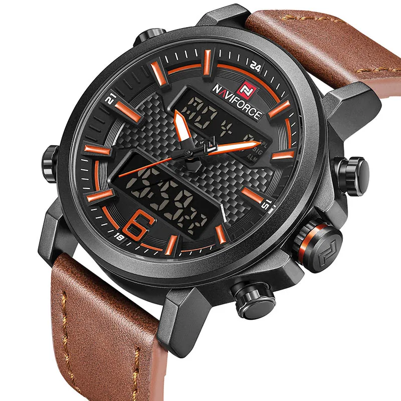 Black Orange NAVIFORCE мужские спортивные часы мужские кварцевые светодиодный цифровые часы лучший бренд класса люкс мужские модные кожаные водонепроницаемые военные наручные часы - Цвет: Black Orange