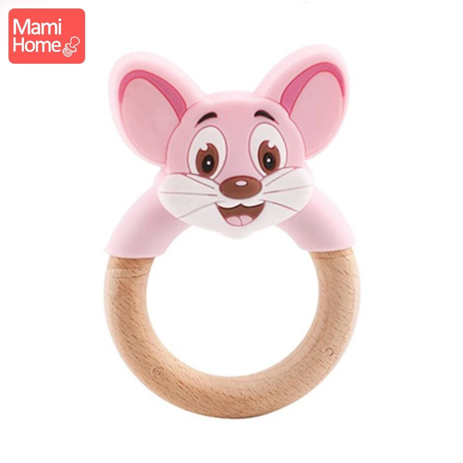 Pink Mouse Ring Mamihome Baby Wooden Teether Animal Ring Silicone Rodent Beech Wooden Blank Rabbit Ears baby products Toys Pacifier Pendant Gift - Цвет: Pink Mouse Ring