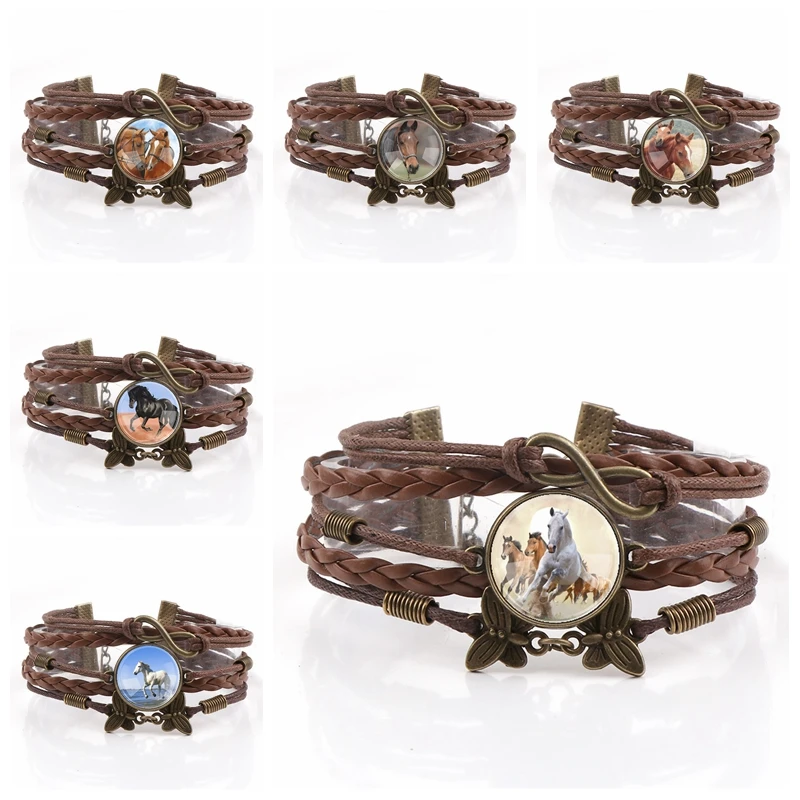 

Interchangeable Vintage Metal Horse Glass Cabochon Rope Leather Bracelets Choker DIY Personalized Jewelry Finding