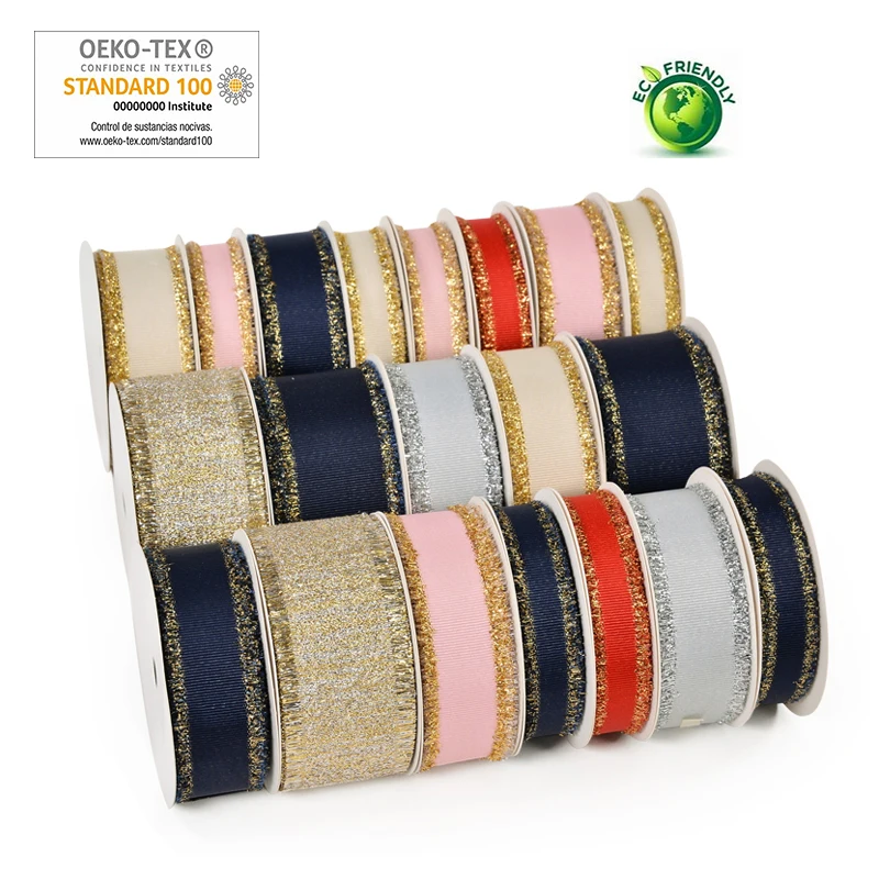 Лента Репсовая золотистая с бахромой для поделок вечерние 5/8 дюйма 16 мм 1 дюйм 25 38