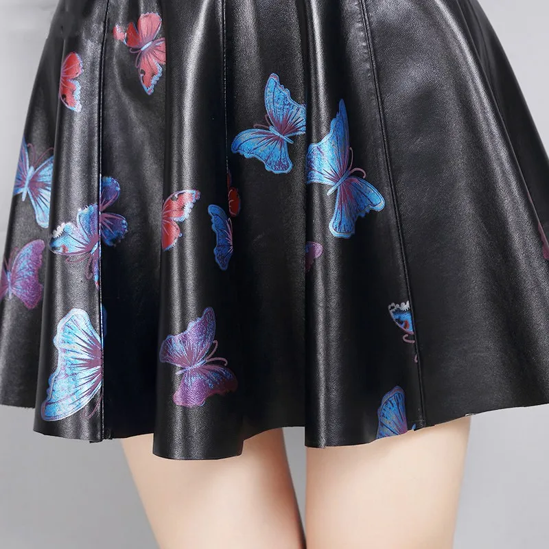 

High Waist Pleated Mini Skirts Printing Butterfly High Quality Leather Skirts Plus Size 4XL Women Black Workout A-Line Skirts