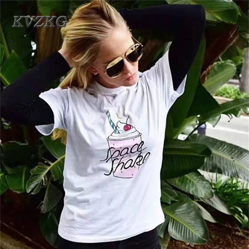 Kvzkg Новинка 2017 года мороженое напитки картофель фри печатных Для женщин Футболки