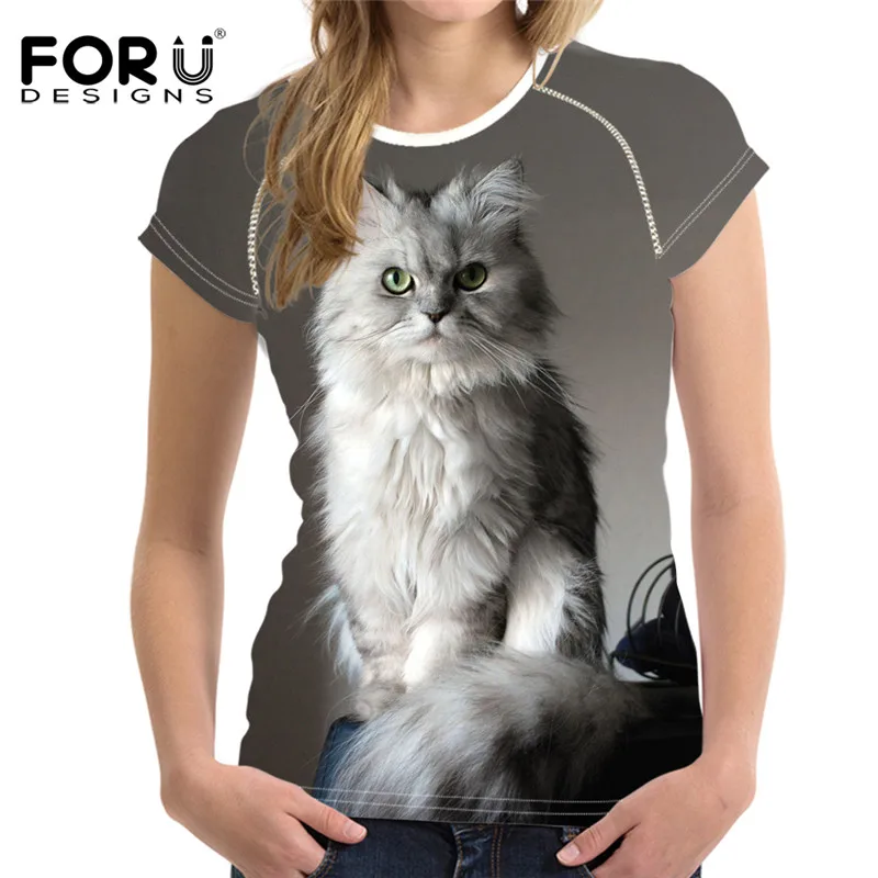FORUDESIGNS/летние дышащие женские футболки с милым рисунком кота коротким рукавом