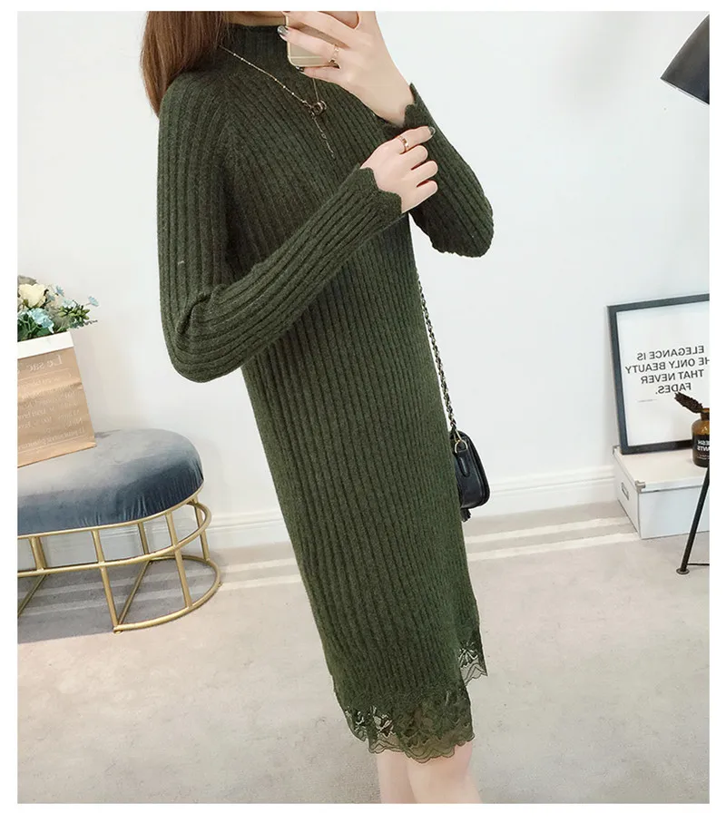 Осенне зимнее платье свитер с высоким воротником женские вязаные платья бисером