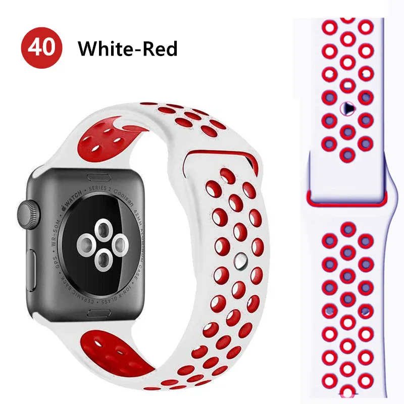 white-red Спортивный ремешок для Apple Watch 42 мм 38 мм iWatch 44 мм 40 мм силиконовый браслет ремешок для Apple watch 5 4 3 2 1 42/44 мм - Цвет ремешка: white-red