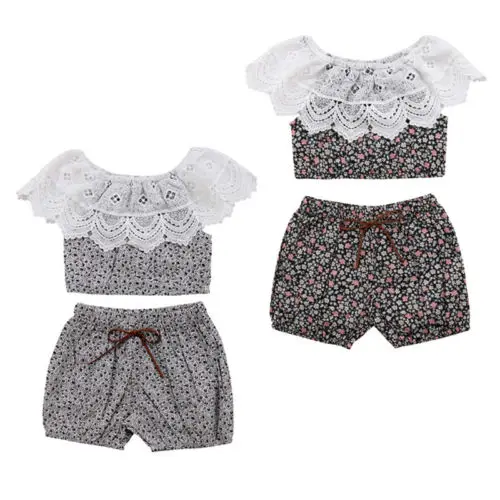 Pudcoco 2018 Newborn Toddler Baby Girl Clothes Set Lace Floral Ruffle Crop Tops+Shorts 2Pcs Summer Cute Outfit 0-24M | Мать и ребенок