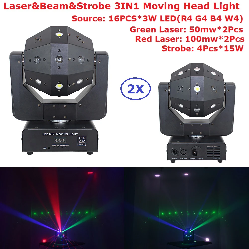 

2Pack Newest 4X15W Strobe Beads + 16X3W RGBW Single Color LED Moving Head Beam Light With RG TWO Color 300mw Laser Lights For Dj