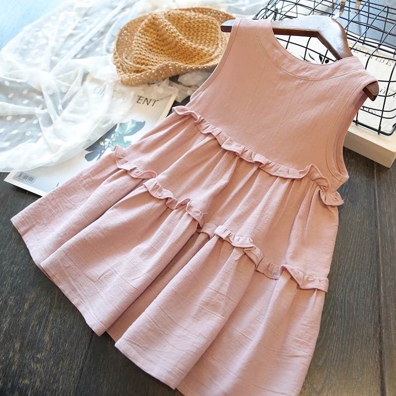 Baby Girl Sleeveless Vest Dress Children Summer Cotton Linen Cake Kids Vintage Loose Tassel Design Dresses for Casual | Детская одежда