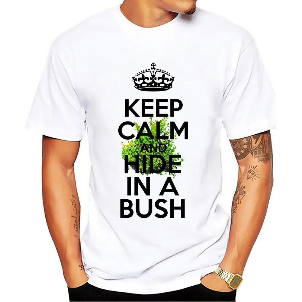 Забавная Мужская футболка с надписью keep calm and hide in bush Новинка лета белая