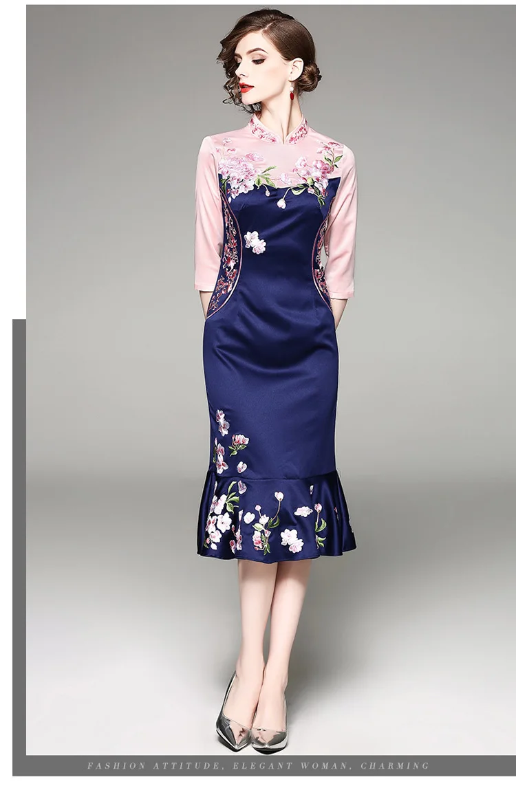 Женское винтажное платье с длинным рукавом стоячим воротником и вышивкой в стиле