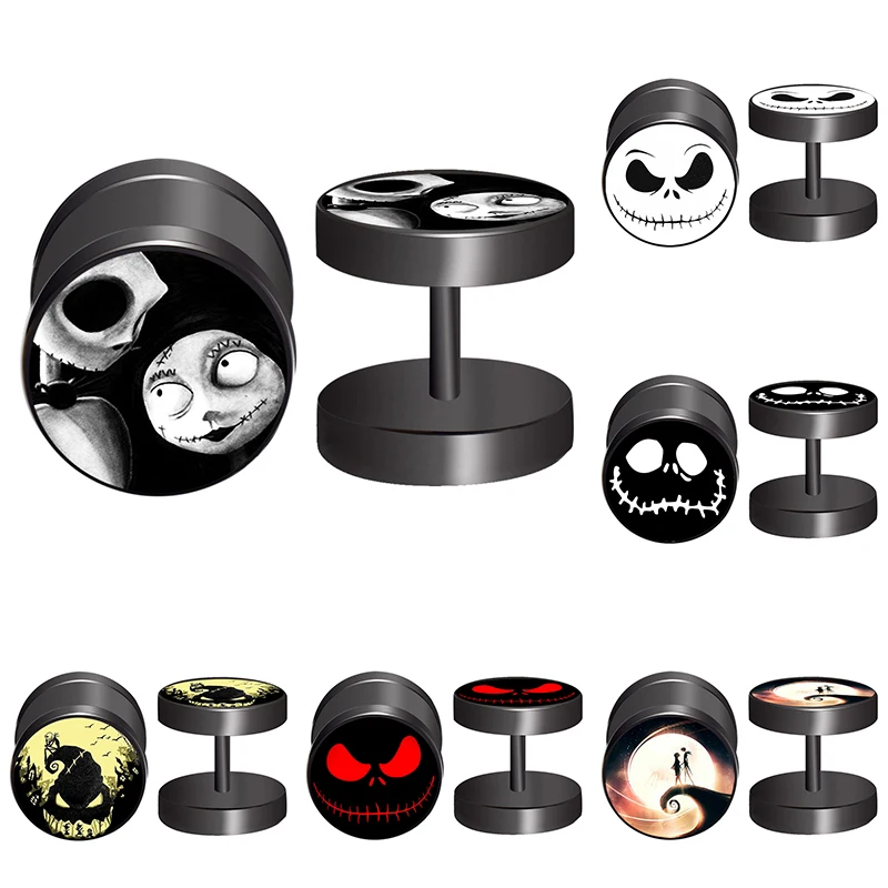 

6pair/lot Anime Men's Earrings Fake Gauge Earring Nightmare Skull Black Dumbbell Man Earrings Gothic Halloween