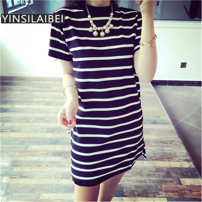 2018 New Large Size Summer Women Striped Dress Casual Bodycon T Shirt Female Slim Sundress for Lady Womens Clothing #0 | Женская одежда