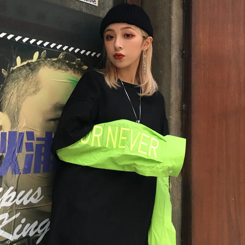 Лоскутная Вышивка буквы сплошной контрастный с длинным рукавом Harajuku корейский свитер толстовки оранжевый свободный уличная Топ пуловер