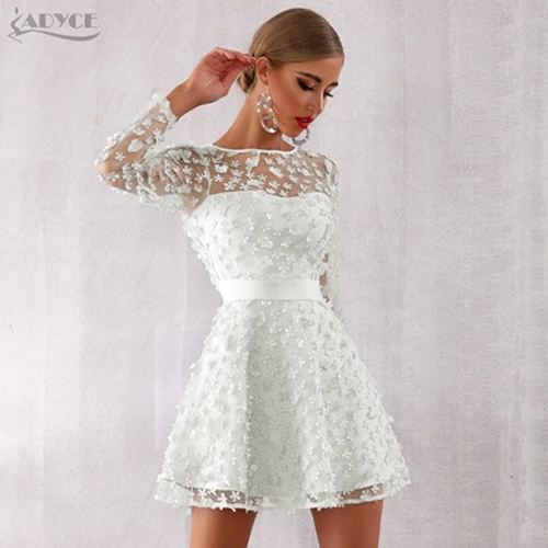 White Женское короткое кружевное платье ADYCE, голубое платье с цветочным мотивом, с длинным рукавом и круглым вырезом, в стиле звезд, для клуба и вечеринки, для осень - Цвет: White