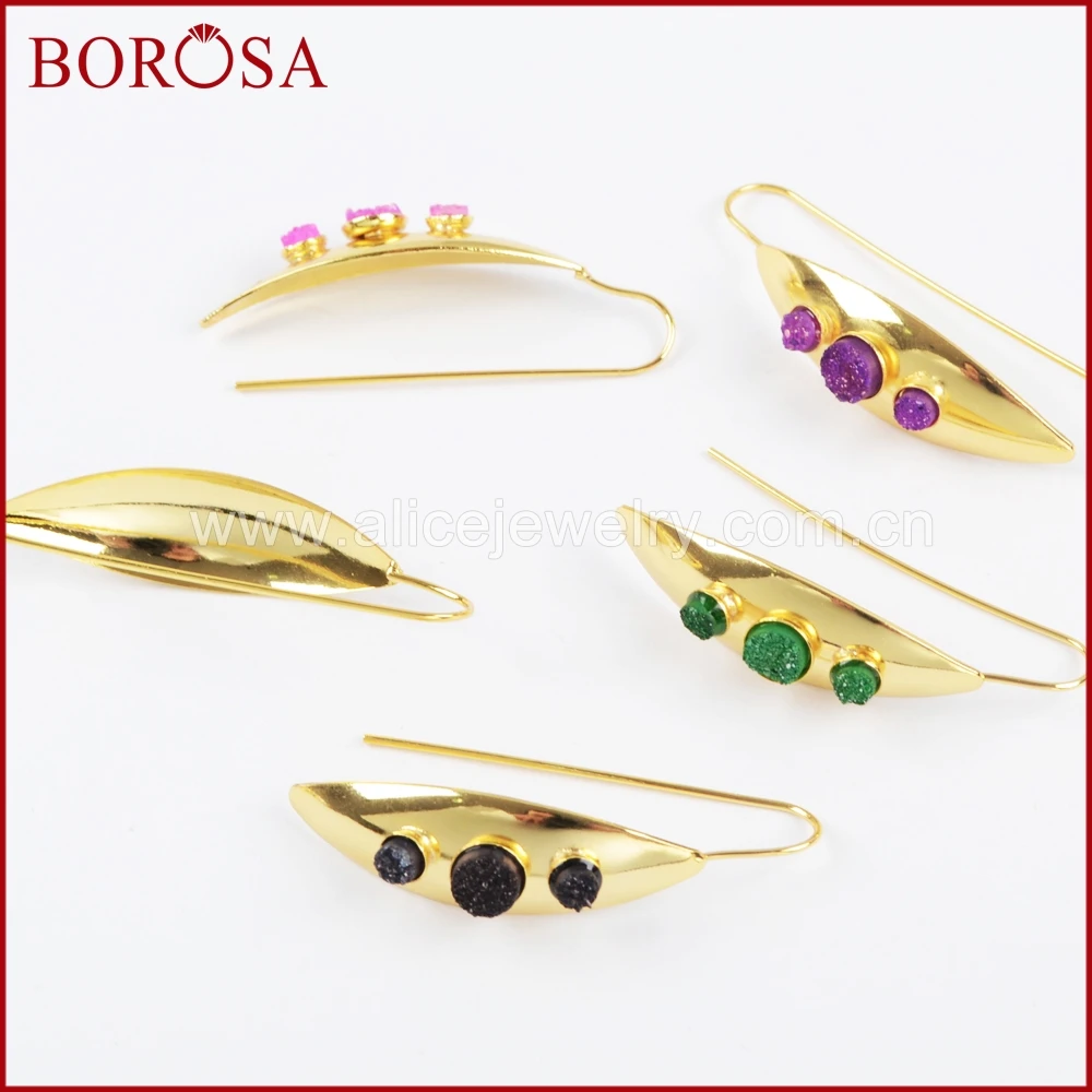 

BOROSA 3/5Pairs New Gold Color Three Round Rainbow Druzy Marquise Dangle Earrings Drusy Drop Earrings Jewelry for Women ZG0253