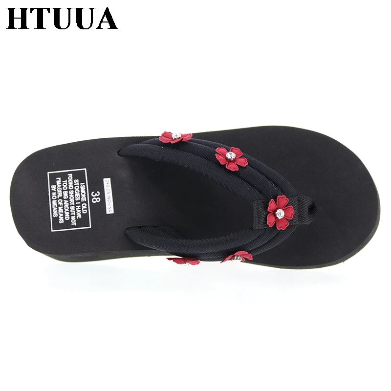 HTUUA 2019 модные шлепанцы с цветами и кристаллами женские слайды на высоких каблуках
