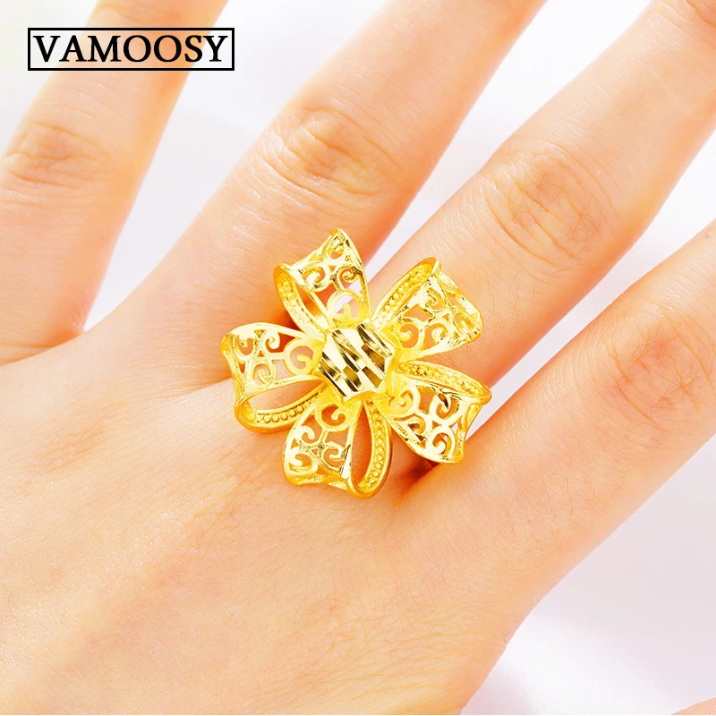 

5 Style Exquisite Hollow Flower Shape Opening Adjustable Ring 24K Gold Rings for Women Romantic Wedding Rings Gifts fine Jewelry