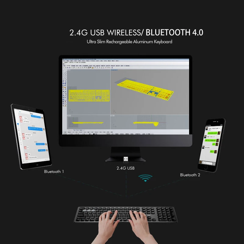 Ультра тонкая 4,0 Bluetooth и 2,4 ГГц беспроводная клавиатура, алюминиевый металлический корпус/продолжительная работа с удобными круглыми клавишами
