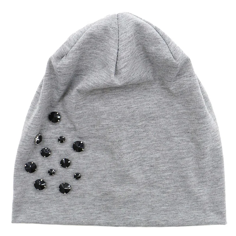 Grey 1 GZHilovingL Женские повседневные хлопковые шлепки шапочки-бини Mulher хип-хоп однотонная черная Шапка-бини со стразами для женщин - Цвет: Grey 1