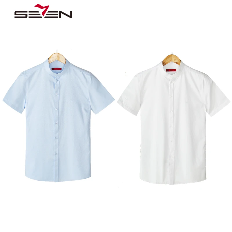 Seven7 брендовые летние мужские рубашки однотонные с воротником Мандарин для