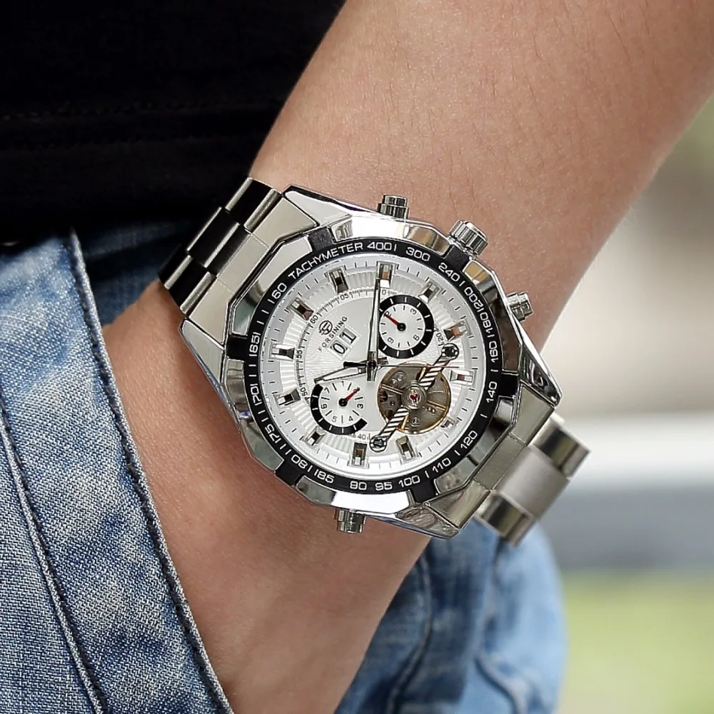 Мужские часы FORSINING модные повседневные спортивные механические из нержавеющей