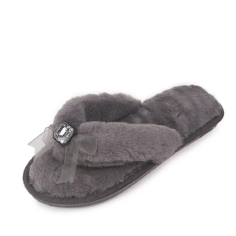 Soft Sole Women Fur Slippers Fluffy Flip Flop Plush Cute Lady House Slipper With Crystal Lace Flat Shoes Slide T1808010D | Обувь