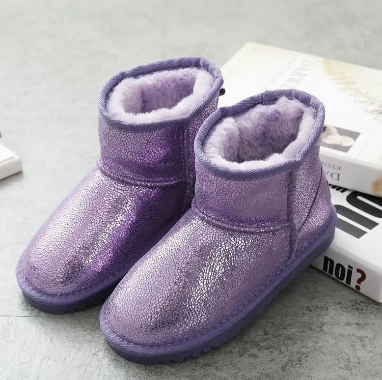 5854 Purple Новые детские австралийские зимние ботинки из коровьей кожи с блестками; Зимние теплые плюшевые короткие ботинки для мальчиков и девочек; Водонепроницаемая детская обувь - Цвет: 5854 Purple