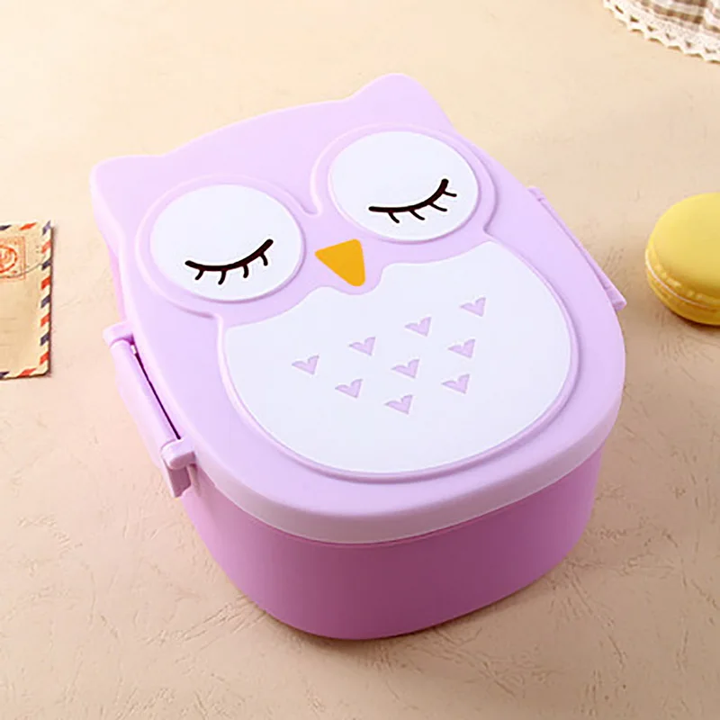 1Pcs Portble Plastic Kids Cute Owl Food Container Lunch Box PP Food Storage Box Portable Purple Pink and Blue 15.5x14x6.6cm