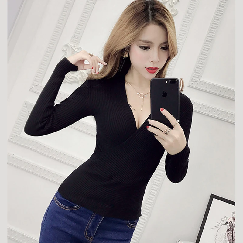 AOSSVIAO 2021 Spring High Elastic Knitted Sweater Woman Sexy V-Neck Women Sweaters And Pullovers Korean Long Sleeve Pull Femme | Женская