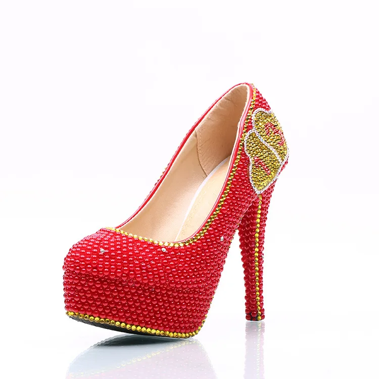 Женские туфли-лодочки с кристаллами Moraima красные и золотые на платформе высоком