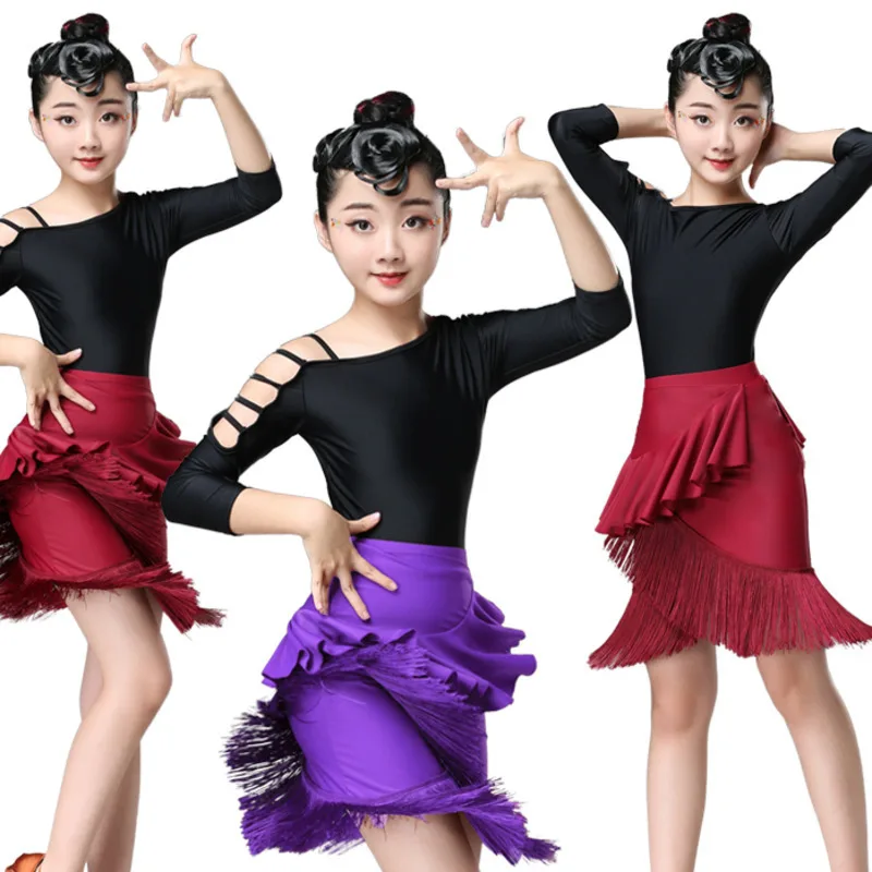 Платье для латинских танцев детей девочек с кисточками соревнований бальных