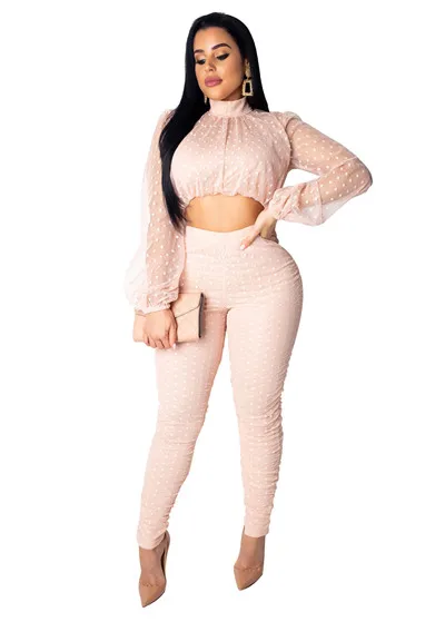 pink two piece set Adogirl/Модный комплект из двух предметов в горошек из прозрачной сетки; топ с длинными рукавами и воротником-фонариком+ брюки-карандаш; повседневный костюм; Клубная одежда - Цвет: pink two piece set