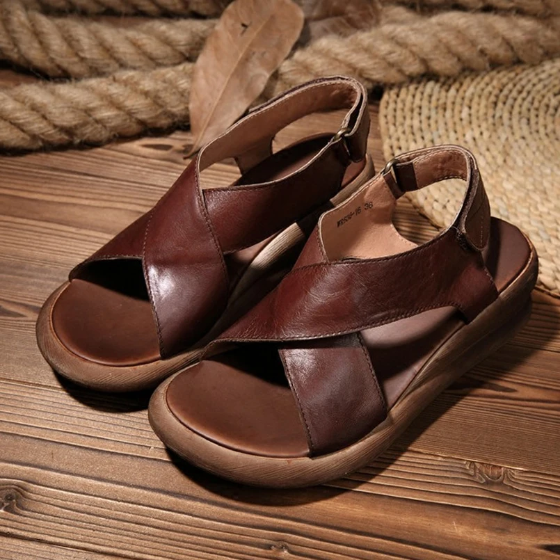 Женские босоножки ручной работы GKTINOO натуральная кожа на танкетке Воловья