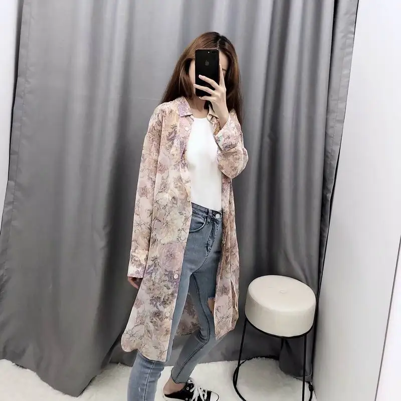 Солнцезащитная рубашка Лето 2019 Новая мода цветочные принты прозрачный шифон