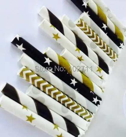 

200 Gold Silver Black straws Mixed 8 styles black strip,star,gold chevron,silver dot,gold stripe,silver star