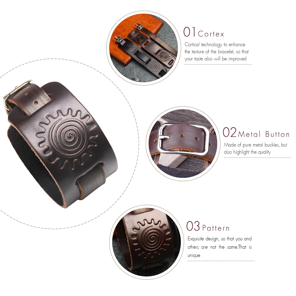 LIKA Punk Genuine Leather Bracelet Men Vintage Wide Cuff Bangles Adjustable Buckle Wristband Male Jewelry Black &amp Brown | Украшения и