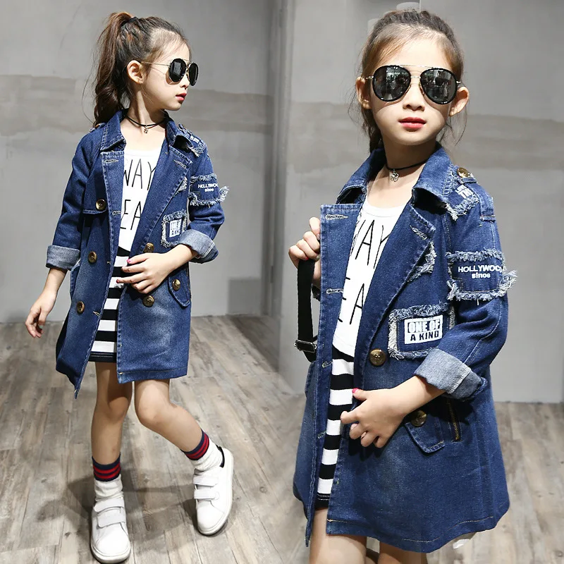 2018 New Fashion Girls Denim Jackets Double-Breasted Coats Kids Trench Coat Girl Long Style Autumn Children Outerwear |