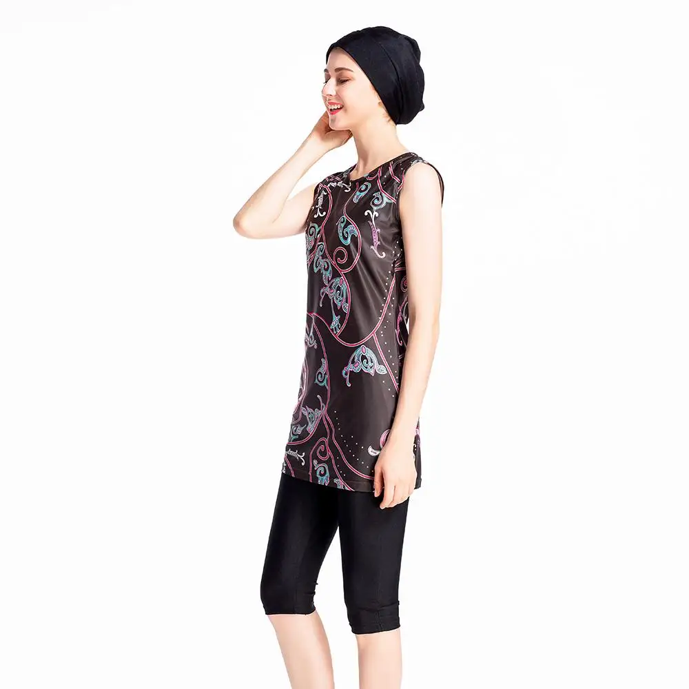 

2019 Islamic Beachwear Burkini Muslim Swimwear Women Sleeveless Printed Swimsuit Middle East Swimsuit 3pcs Bathing Suits Fashion