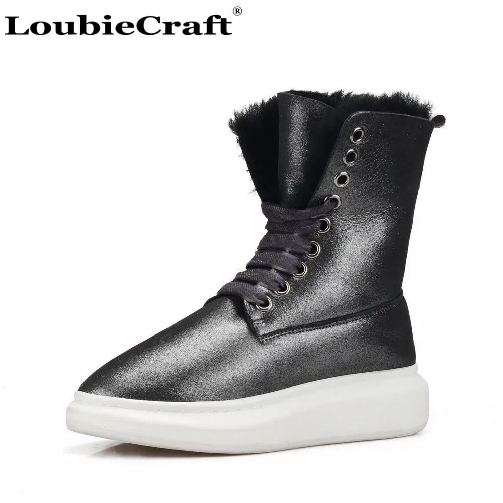 Pearly black Женские зимние ботинки из овечьей шерсти; зимние короткие ботинки на меху; повседневные ботинки черного цвета с жемчугом; модная обувь на толстой подошве со шнуровкой; Новинка года - Цвет: Pearly black