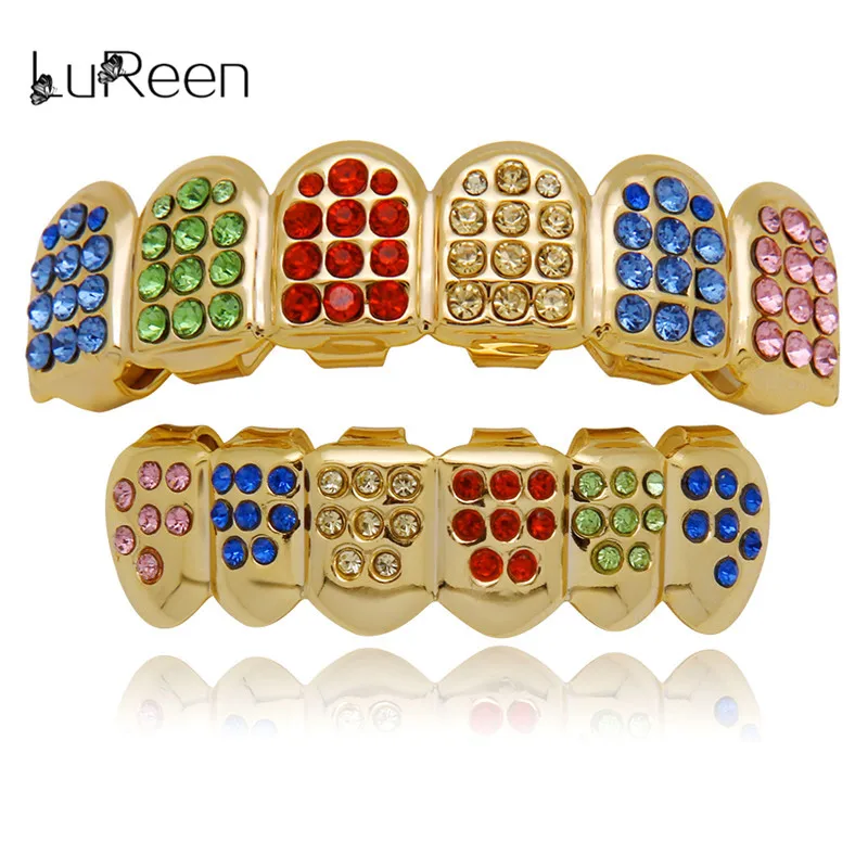 teeth set LuReen Красочные зубы Grillz верхние и нижние CZ грили стоматологические хип-хоп вампирские зубы шапки гриль рот украшения для тела Вечерние - Окраска металла: teeth set