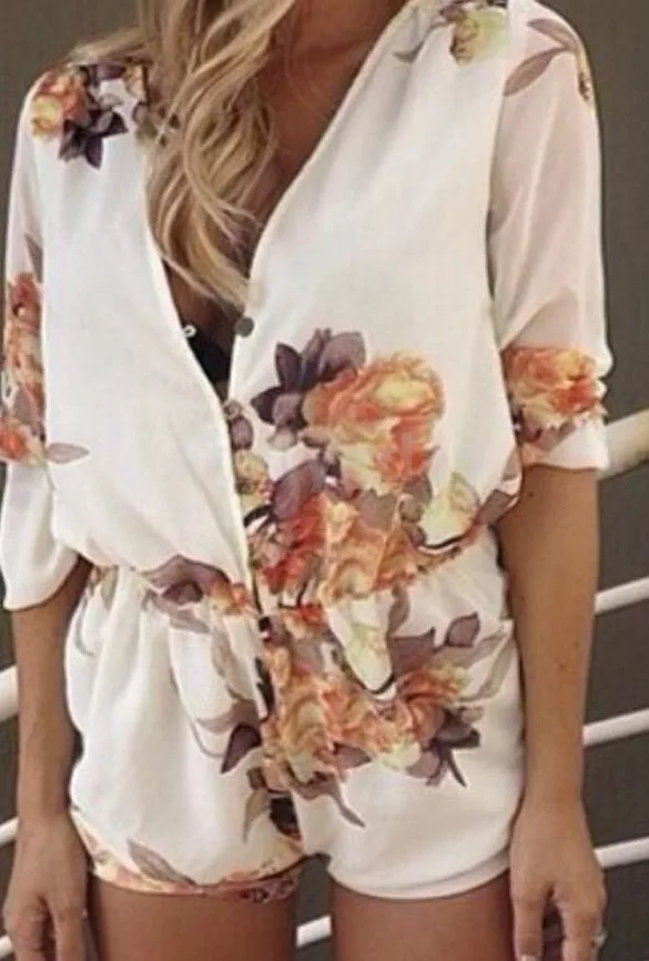 Fashion Women Chiffon Jumpsuit Deep V-Neck Floral Print Half Sleeve High Waist Casual Short 35 |