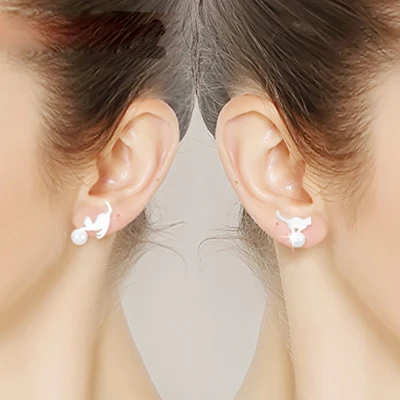 

Cute Cat Play Ball Pearl Stud Earrings 925 sterling silver Earrings For Women Jewelry Gift