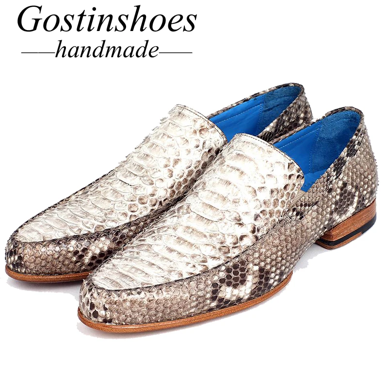 GOSTINSHOES/Мужская официальная обувь ручной работы Goodyear; белые модельные туфли из натуральной змеиной кожи; слипоны с круглым носком; SCF25
