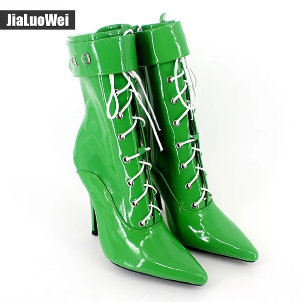 Green shiny Jialuowei/пикантные женские туфли на высоком каблуке 12 см, 5 дюймов, с острым носком, на шпильке Ботильоны на шнуровке с замком, размеры 36-46 - Цвет: Green shiny